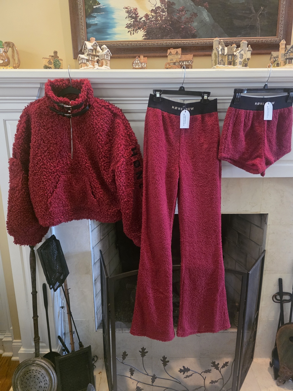 Honeydew Intimates Burgundy Sherpa Flare Pants, Shorts, And Pullover.